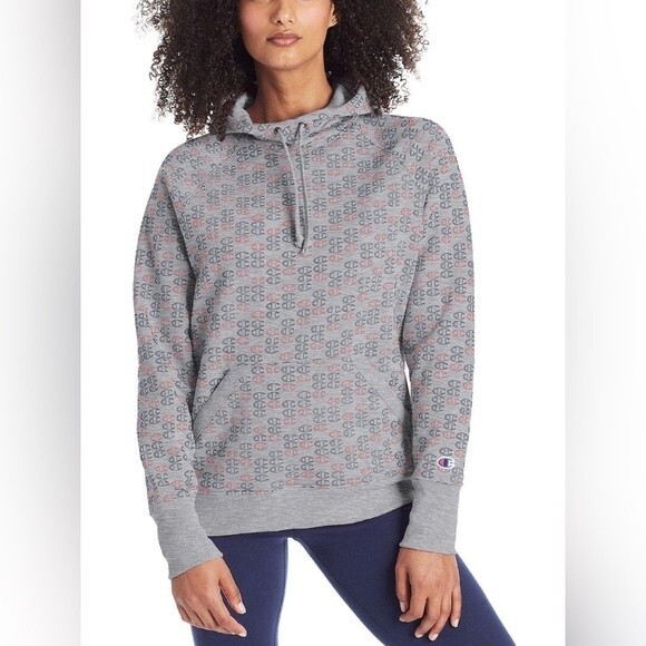 Champion Tops - Champion Women's Active Ribbed Trim Logo Heather Gray Pullover Hoodie Size M